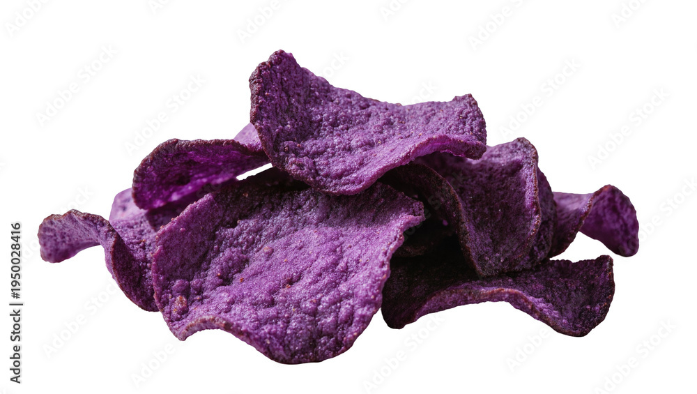 Fototapeta premium Isolated pile of vibrant purple potato chips, delicious crispy snack food, gourmet treat