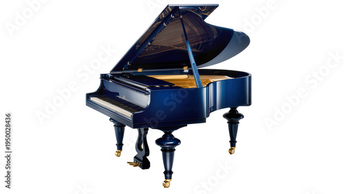 Photos Isolated elegant grand piano with open lid and reflective dark blue finish, musi