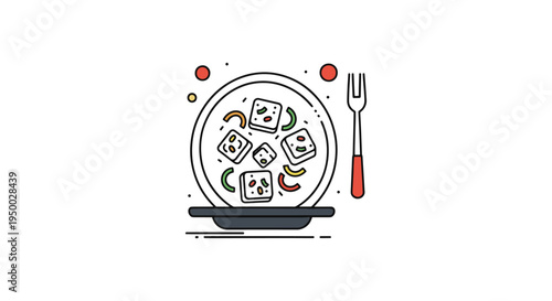 Tofu Stir Fry Plate Line art minimal abstract vibrant color illustration