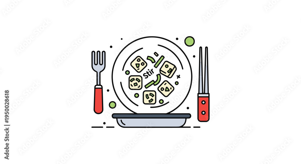 Obraz premium Tofu Stir Fry Plate Line art vivid abstract tone vector