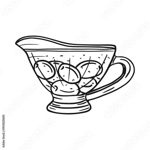 A simple line drawing illustration of olive oil with green olives within a gravy boat. Sketch line art drawing for food-related designs