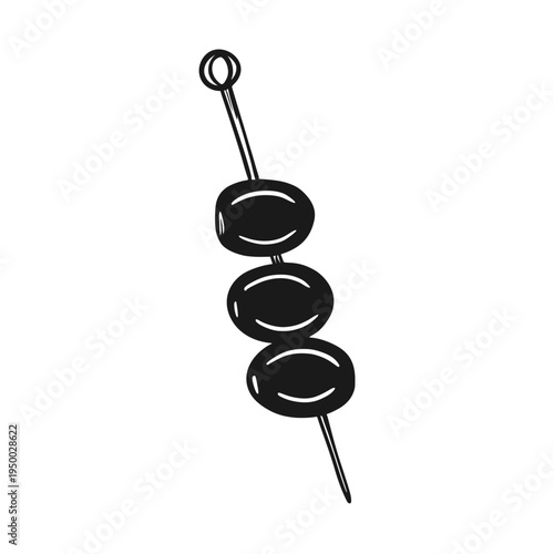 Simple hand-drawn sketch line art drawing of three black ripe olives on a cocktail skewer. Perfect for appetizers and garnishes, restaurant menus, branding, logo
