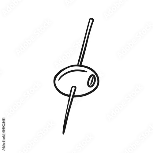 Simple line art drawing of a black ripe olive on a cocktail skewer. Hand-drawn doodle sketch style illustration for restaurant menus, culinary topics, branding, logo, healthy eating