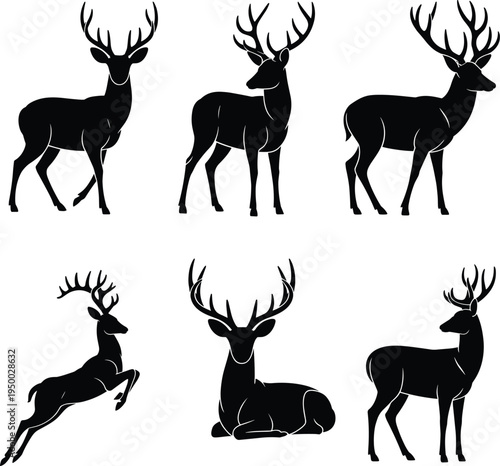 Black deer silhouettes, vector stag icons, wild animal shapes, deer antler design, hunting logo set, wildlife clipart, reindeer outline art, forest animal illustration pack