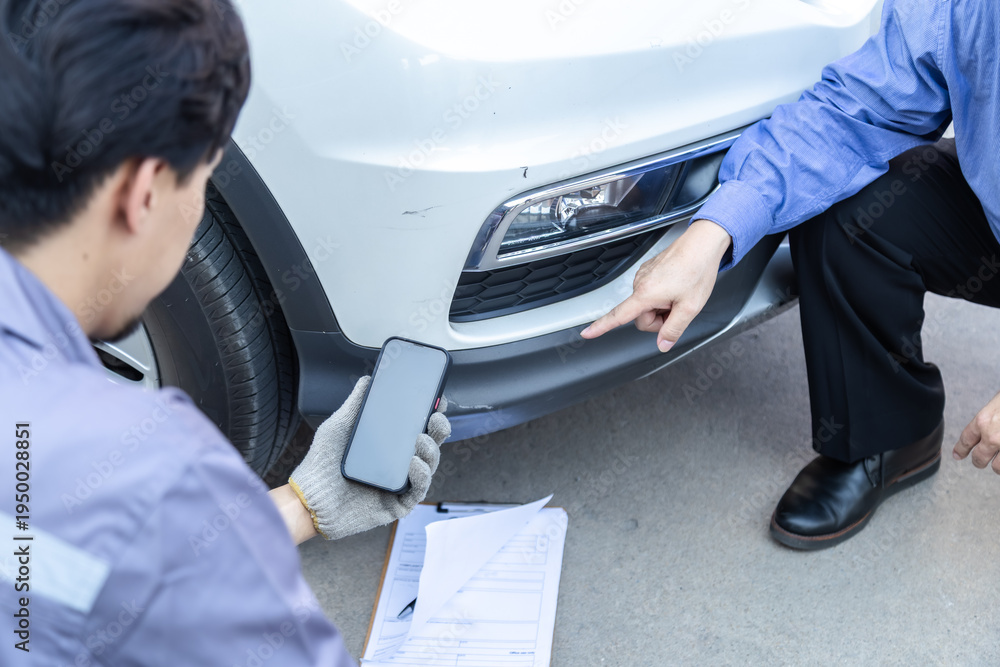 Fototapeta premium Auto repair shop, small business owner, garage, technology mechanic photographing wheel damage for inspection, customer consultation, quotation online service estimate, insurance claim agent support.