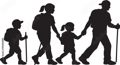 Family Hiking Silhouette with Walking Sticks on White Background