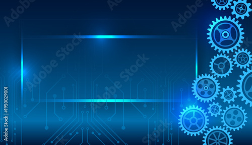 Abstract technology background with blue gears and digital circuit lines. Concept of engineering, automation, industry technology, innovation, and mechanical systems integration.