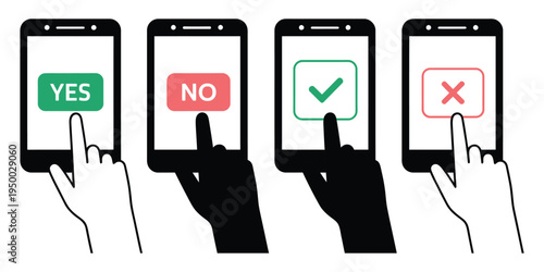 Finger, tapping popup confirmation dialog on mobile phone screen featuring yes check mark and no cross button symbols, user interface interaction and decision prompt concept, modern flat vector