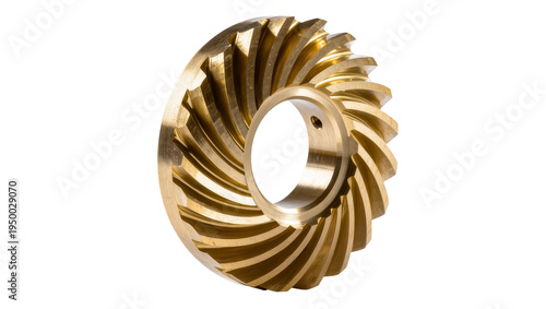 Isolated gleaming brass helical gear, a precision mechanical component for industrial machinery.