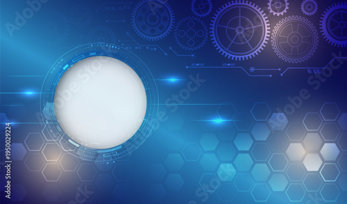 Futuristic technology background with digital interface circle, gears, and hexagon pattern. Abstract blue tech design representing innovation, engineering, data networks, and modern digital systems.