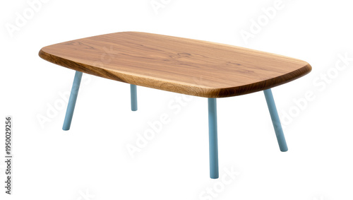 Isolated modern minimalist wooden coffee table with light blue metal legs, contemporary design