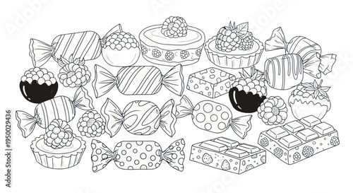 Assortment of Delicious Candies and Desserts, Black and White Line Art