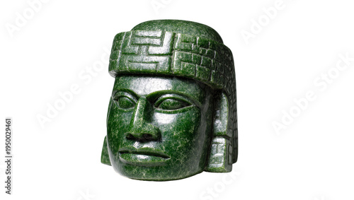 Canvastavla Isolated ancient dark green jade sculpture of a ceremonial head with ornate head