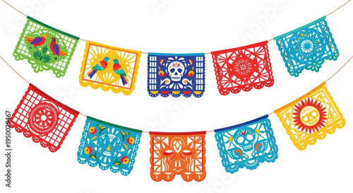 Colorful Papel Picado Bunting Flags for Day of the Dead Fiesta Celebration