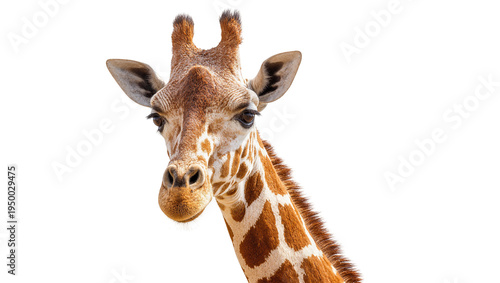 Isolated close-up portrait of a majestic giraffe head and neck looking at camera