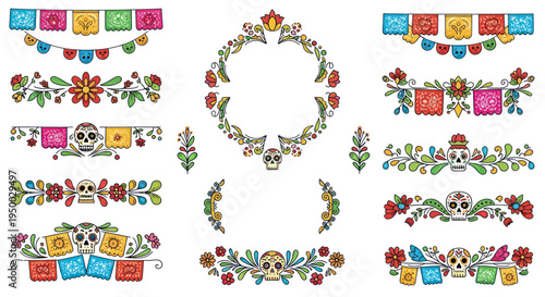 Dia de los Muertos Decorative Elements: Skulls, Flowers, Papel Picado Banners