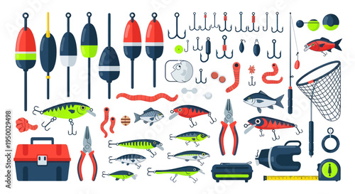 Fishing Gear Assortment: Lures, Floats, Tools, Net, and Tackle Box