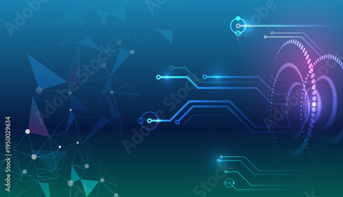 Abstract technology background with polygonal network mesh, circuit lines, and digital waves on a blue gradient, representing data connections, innovation, and futuristic communication systems.