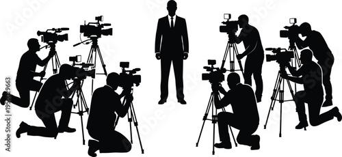 Press conference media photographers silhouettes, reporters filming businessman, journalism news coverage concept, camera crew interview illustration isolated white
