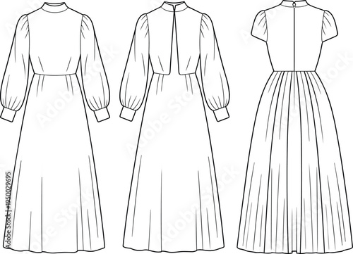 Long sleeve, high neck, maxi dress, pleated, vintage, elegant, gathered waist, technical, fashion, flat, vector, illustration, sketch, template, front, back, design