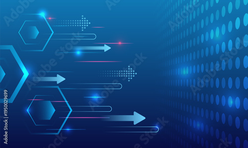 Abstract technology background with glowing arrows, hexagonal elements, and digital motion lines on a blue gradient, symbolizing data transfer, innovation, business growth, and modern tech systems.
