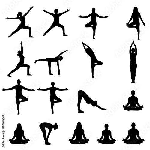 A diverse collection of black silhouettes showcasing various yoga poses and asana positions for wellness