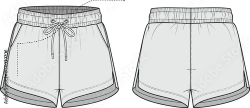 Cad drawing flat vector illustration of women's sports shorts with elastic waistband, drawstring, curved hem, detailed fashion technical sketch