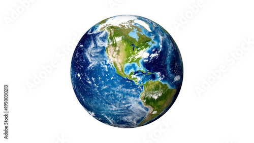 Isolated beautiful blue planet Earth globe with continents and swirling clouds from space