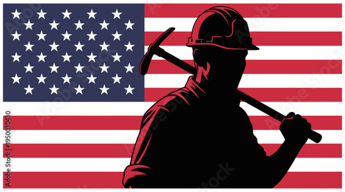 American coal miner silhouette with flag background