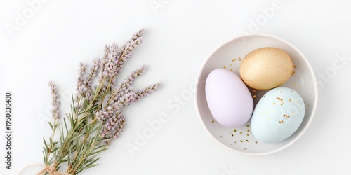 White plate with three eggs and a bunch of lavender flowers