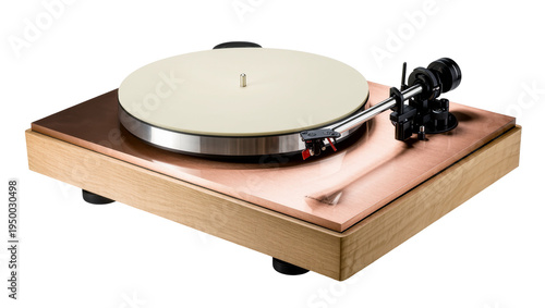 Konstfotografi Isolated modern vinyl record player, sleek wood and copper design, classic audio
