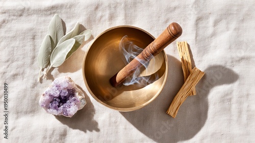 Golden bowl with wooden mallet emitting smoke