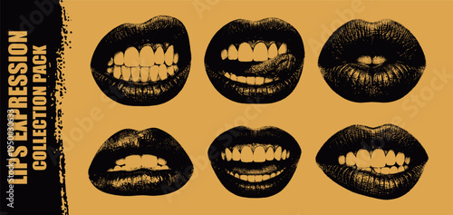 Vector illustration collection pack six diverse, high-contrast black and gold artistic lip expression sketches