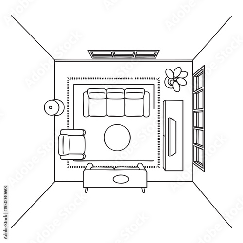 Black and white floor plan of a living room with furniture and a fireplace sofa armchair