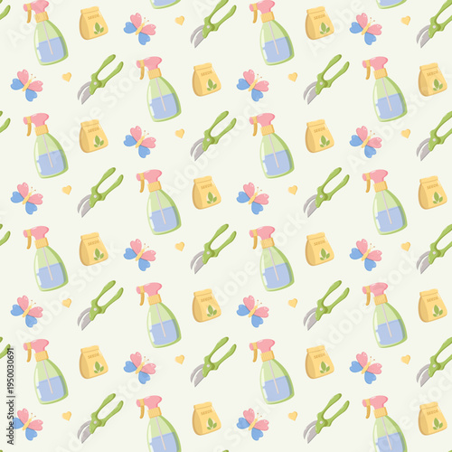 Seamless gardening pattern with spray bottles, seed packets, pruning shears, butterflies, and hearts on cream background, cheerful spring design for eco themes, textiles, wallpapers, and stationery