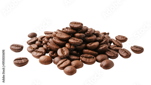 Isolated roasted coffee beans pile and scattered single beans for a delicious morning drink