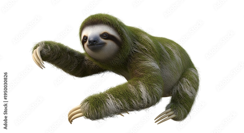 Obraz premium Adorable 3D sloth illustration featuring unique green moss fur, isolated on a white background for creative designs.