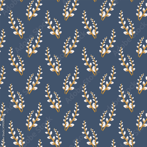 Seamless botanical pattern with golden-brown pussy willow branches and white buds on dark blue background, elegant nature-inspired design for textiles, wallpapers, and decorative prints