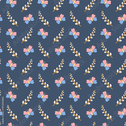Seamless pattern with stylized butterflies and pussy willow branches on dark blue background, elegant nature-inspired design for textiles, wallpapers, and decorative prints