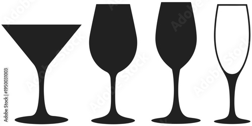 Glass, icon set featuring various wine and champagne glasses, vector illustration collection, wine glass symbols for drinks, parties, celebrations, bars, restaurants, modern flat design