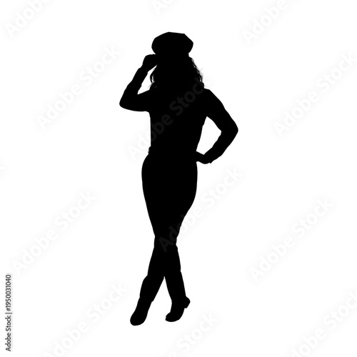 Standing policewoman silhouette, front view, isolated - vector illustration