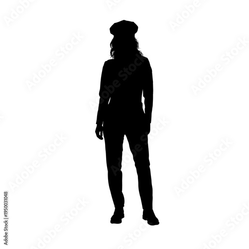 Standing policewoman silhouette, front view, isolated - vector illustration