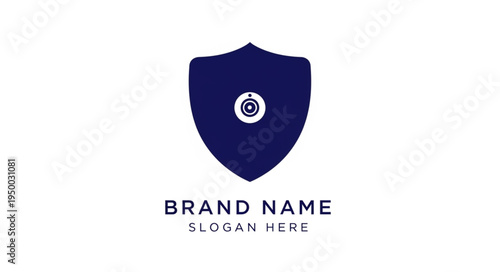 Dark Blue Shield with Eye Symbol and Brand Name Text.
