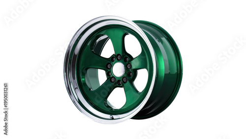 Isolated metallic green car wheel rim with polished lip, automotive accessory on display