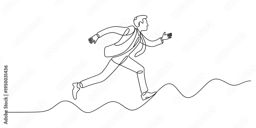 Obraz premium Continuous line drawing of a determined businessman running forward over a series of rising hills