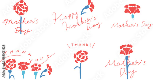 母の日のカーネーションイラスト。赤いカーネーションのフレームセット。Mother's Day carnation illustration. Red carnation frame set.