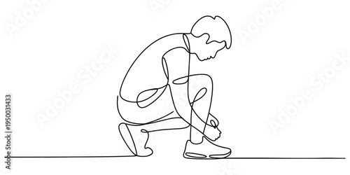 Continuous single line drawing of an athlete kneeling down to tie his shoelaces before a workout