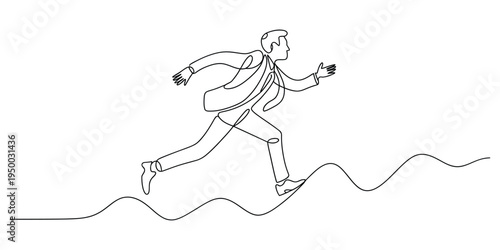 Continuous line drawing of a determined businessman running forward over a series of rising hills