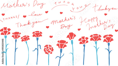 母の日のカーネーションイラスト。赤いカーネーションのフレームセット。Mother's Day carnation illustration. Red carnation frame set.