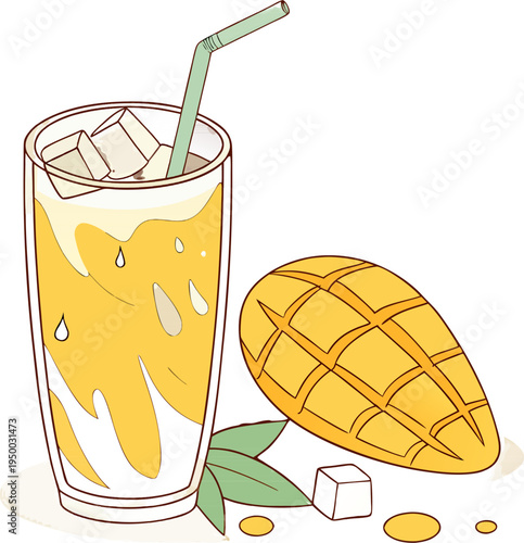 Fresh mango lassi smoothie in glass with green straw, traditional sweet yogurt drink.